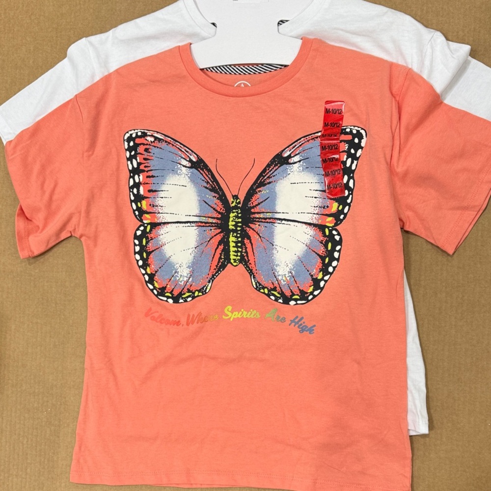 NWT Volcom 2pk Butterfly & Graphic Kids T-Shirts - Coral/White size youth M10/12 - Picture 1 of 7